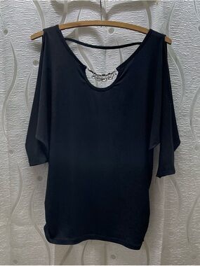 Solange Cold Shoulder Top Womens Medium Black Excellent Beaded Back Ruched Side‎